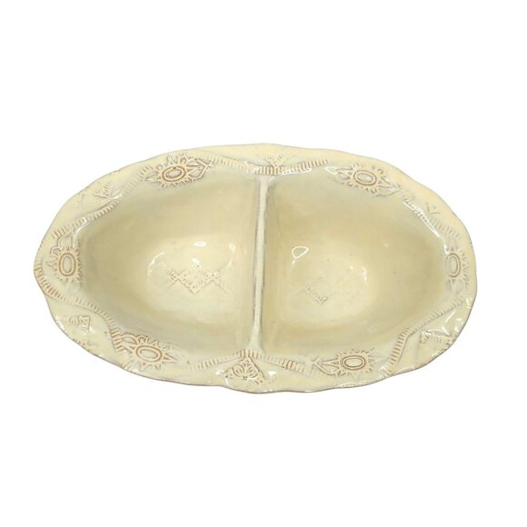 Vietri Bellezza Buttercream Divided Serving Bowl 8.75" Oval Dish Italy Embossed - Picture 1 of 14